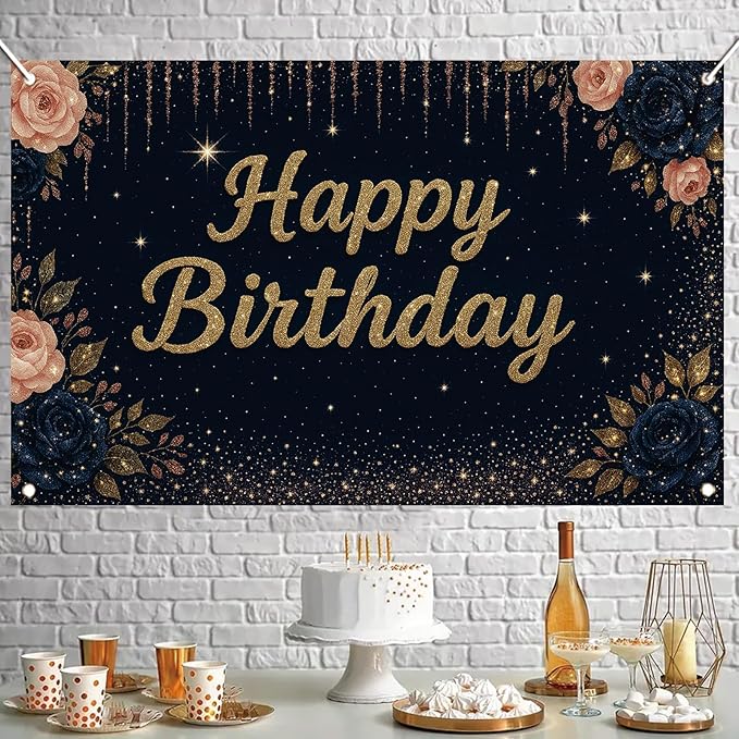Happy Birthday Backdrop Banner Navy Blue Gold Glitter Rose Floral Birthday Party Decorations Photography Background Wedding Baby Shower Decor Booth Studio Props Supplies 71 x 43 Inch