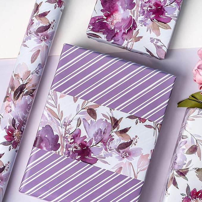 WRAPAHOLIC 30 Inch Reversible Floral Wrapping Paper - 30 Inch X 33 Feet - Purple Flower Wrapping Paper for Wedding, Birthday, Mothers Day, Baby Shower, Anniversary, Bridal Shower