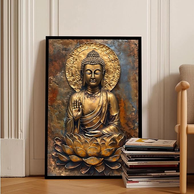 Buddha Wall Art Golden Buddha in Lotus Seat Serene spiritual statue radiant aura Meditation and mindfulness wall art suitable for sacred spaces 12x18in Metal blackFramed