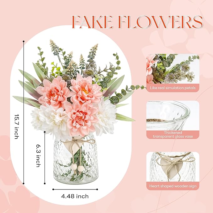 Der Rose Fake Flowers in Vase Silk Artificial Pink Flowers Arrangements with Glass Vase for Dinning Coffee Table Centerpieces Home Kitchen Farmhouse Wedding Decor