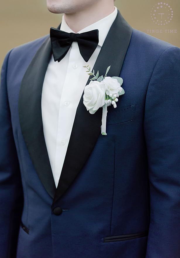 TingeTime Boutonniere for Men Wedding,Groom and Best Man Boutonniere for Wedding Ceremony Anniversary, Formal Dinner Party and Rustic Spring Wedding Marriage (6, Virginal White)