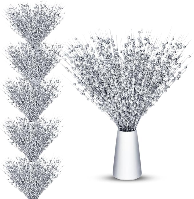 Geosar 30 Pcs Christmas Artificial Glitter Berry Stem Decorations 17 Inch Faux Stick Floral Pick Centerpiece Bouquet Flower Bead Twigs for Centerpiece Tree Wreath Xmas Ornaments Home(Silver)