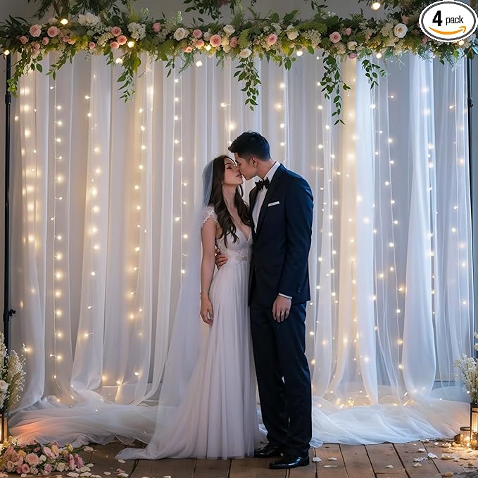 20x10ft White Tulle Backdrop Curtains with Lights for Party Wedding Baby Shower, Sheer Wrinkle Free Backdrop Curtains for Birthday Party Photo Booth Background Decoration