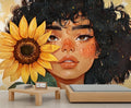 KIREUPA Sunflower Woman Art Wall Mural, Curly Hair Girl with Sunflower 3d Wall Murals, Modern Portrait and Flower Wallpaper Mural, for Living Room Bedroom Large Wallpaper Indoor Decor 98.4" W x68.9 H