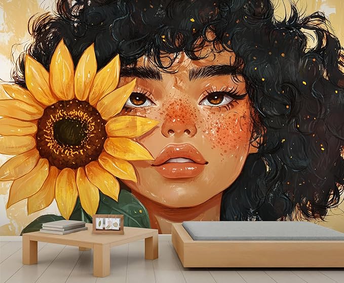 KIREUPA Sunflower Woman Art Wall Mural, Curly Hair Girl with Sunflower 3d Wall Murals, Modern Portrait and Flower Wallpaper Mural, for Living Room Bedroom Large Wallpaper Indoor Decor 197" W x124.8 H
