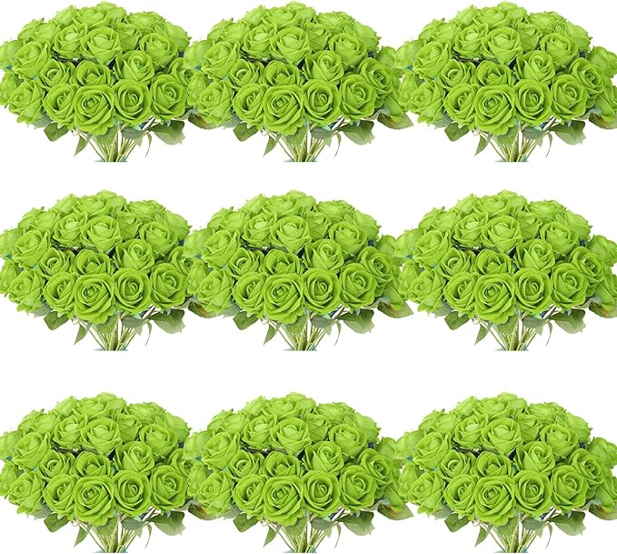 102 PCS Green Roses Artificial Flowers,Fake Green Roses Bouquet,Greens Artificial Silk Rose with Stems for Wedding Flowers Decoration, Valentines Day, Bridal Bouquet Rose,Wedding Decoration