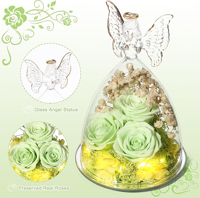 Mothers Day Mom Gifts for Women Preserved Flowers in Glass Angel Forever Flowers Gifts Eternal Roses Gifts for Grandma, Green