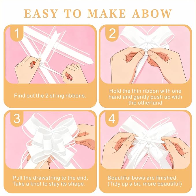24PCS Crisp White Pull Bows for Gift Wrapping, 6" Large Pre-Tied Decorative Bows for Christmas, Wedding, Birthday, Party Decors, Reusable Instant Floral Decors for Gifts, Bouquets, Baskets