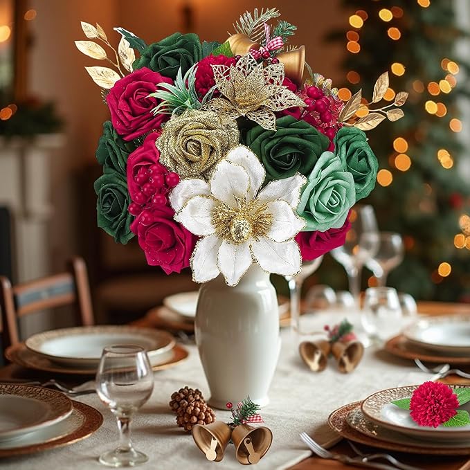 Jspupifip Christmas Artificial Flowers Combo Box Gold, Red, Green Fake Silk Roses Mix Dahlia Poinsettias for DIY Wedding Bridal Shower Boho Cake Decorations Floral Arrangements Centerpieces