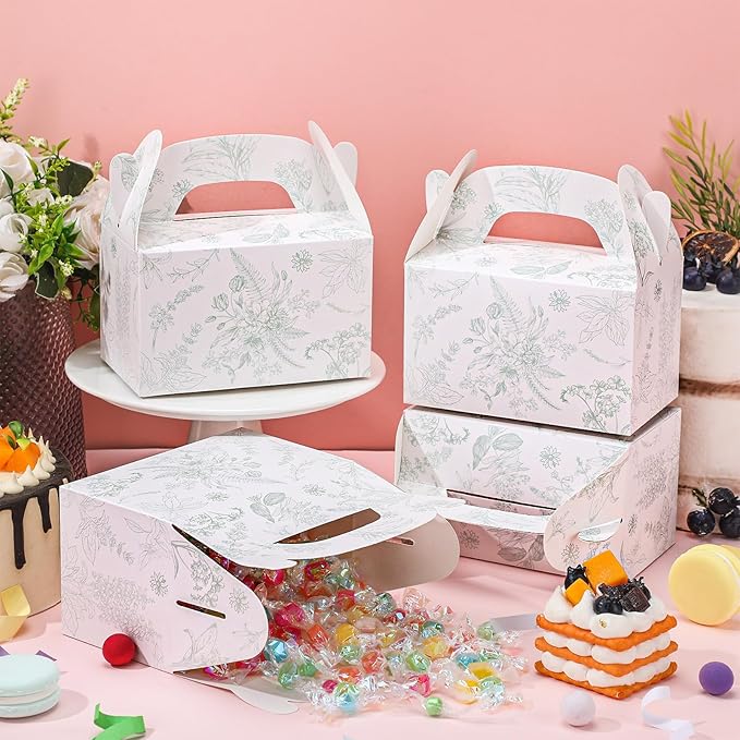 Dunzoom 24 Pack Sage Green Floral Paper Gift Boxes Party Favor Gift Gable Boxes with Chinoiserie Floral Printed Candy Treat Box for Wedding Birthday Tea Bridal Shower Party