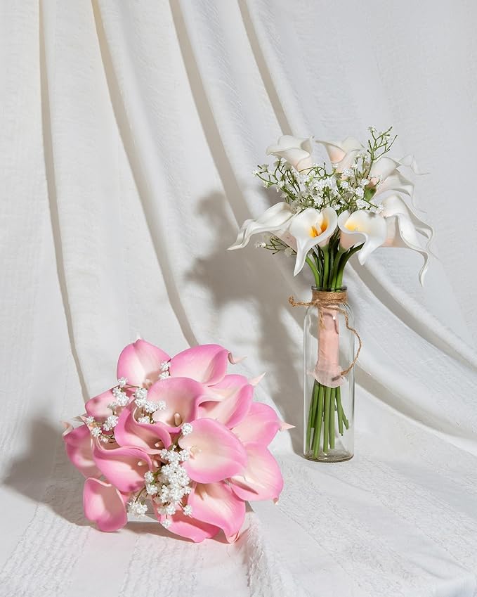 DuHouse 20Pcs Artificial Calla Lily Flower Real Touch Latex Flowers for DIY Wedding Bouquet Party Home Decor (White Pink)