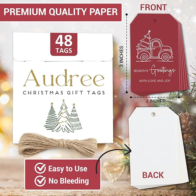 AUDREE 48 Pcs Christmas Gift Tags with String - Funny Holiday Gift Tags for Xmas Presents - Christmas Name Tags for Gifts - Hanging Labels Decoration Xmas Winter Holiday Present DIY Crafts