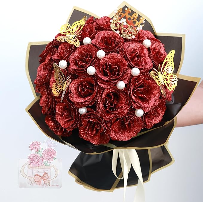 Glitter Roses Bouquet, Shiny Artificial Roses Flowers with Stems DIY Fake Glitter Flowers Bouquet for Valentine's Day, Anniversary, Graduation, Birthday, 36 Roses (Red)