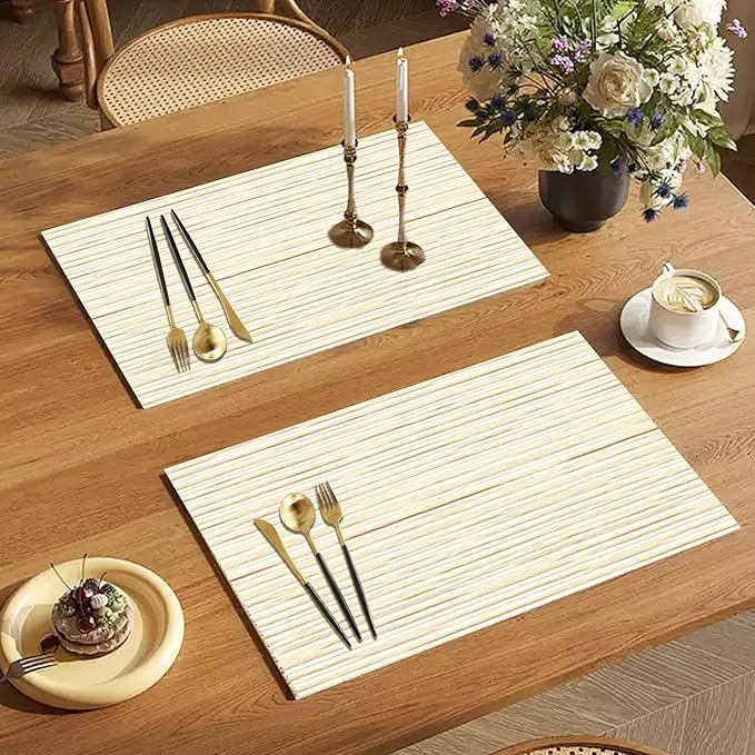 Farmhouse Style Natural Wood Linen Fabric Grain Placemats Set of 4, Table Mats for Dining, Heat-Resistant Tabletop Place Mats 12x18 Inch Backing For Picnic Kitchen for Indoor Decor, Light Beige