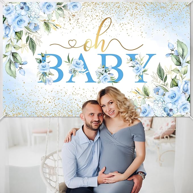 Mocsicka Oh Baby Backdrop Blue Floral Baby Shower Banner for Boys Party Decorations Photo Booth Props (Blue, 6x3.6ft)