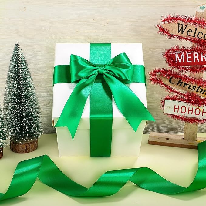 Green Ribbon 60 Yards 1 1/2 Inch Green Satin Ribbon Christmas Ribbons for Flower Bouquet Bows Crafts Gift Wrapping Christmas Decorations