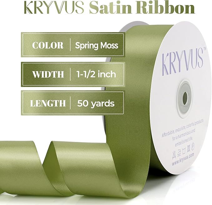Moss Green Satin Ribbon, Double Faced 1-1/2 Inch X 50 Yards Moss Green Ribbon, Premium Satin Ribbon for Gift Wrapping, Crafts, Hair Bow Making, Sewing, Flower Bouquet, Wedding Party Decor