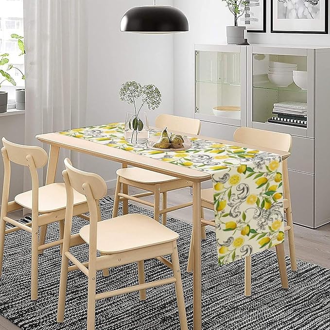 Lemon Table Runner , Summer Yellow Fruits Green Leaves Kitchen Dinning Table Decoration for Indoor Outdoor Home Party Decor 13"x60"
