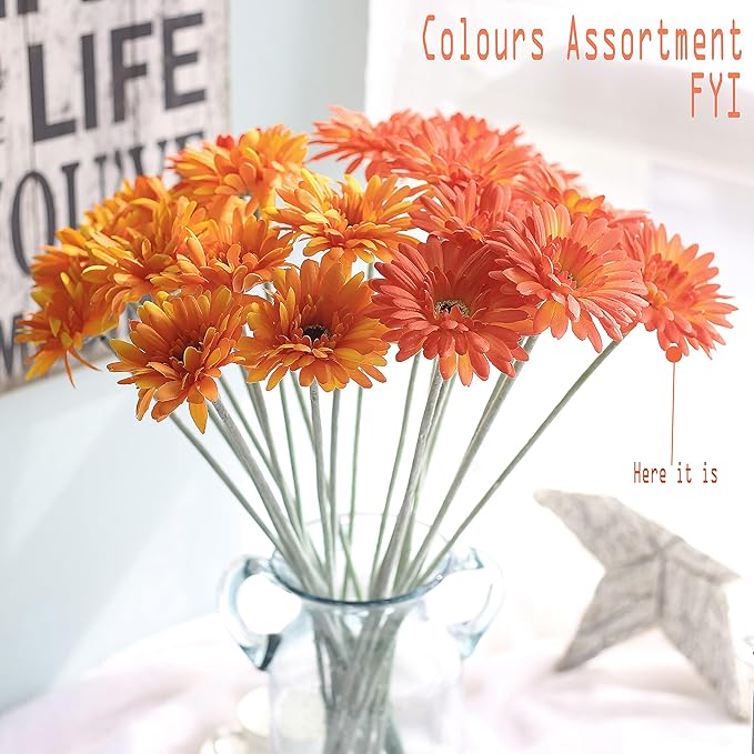 12pcs Artificial Gerbera Daisies,22 Inch Long Stem Silk Daisy Flowers,Realistic Artificial Flower Mums for Home Décor Centerpiece Wreath Supplies Wedding Bouquet,Orange