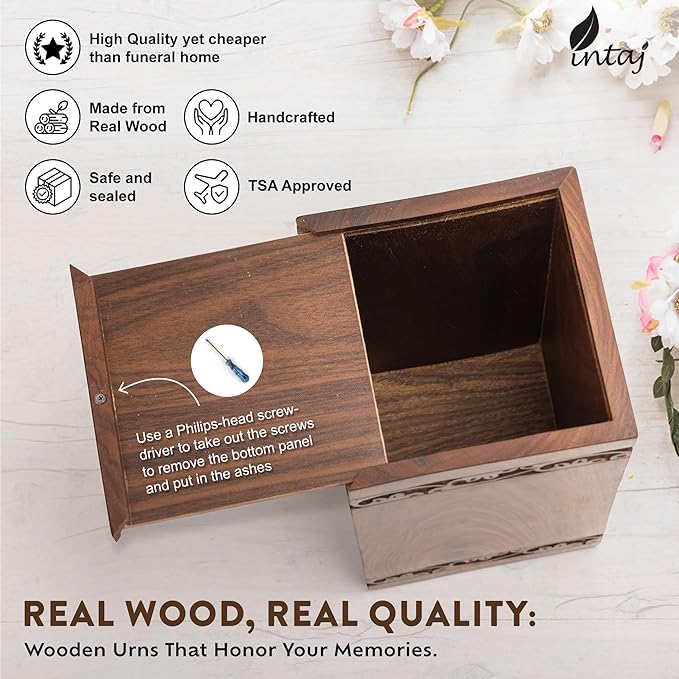 INTAJ Handcarved Wooden Cremation Urn for Human Ashes - Tree of Life Design, 640lbs Capacity, Suitable for Adult Men and Women - Decorative Funeral Urn Box and Casket - Companion Urn Carved Box