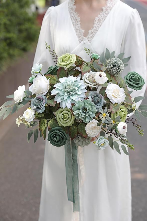YYHUAWU Artificial Flowers Combo Set Fake Flower Leaf Box with Stems for DIY Wedding Bouquets Centerpieces Arrangements Baby Shower Party Home Decorations (Tiffany Blue & Forest Green)