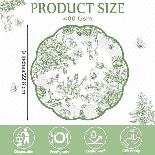 100 Pieces Sage Green Floral Paper Plates 9 Inches Disposable Green Flower Scalloped Plates Vintage Floral Dinner Dessert Decorative Plate for Wedding Baby Shower Birthday Party Supplies
