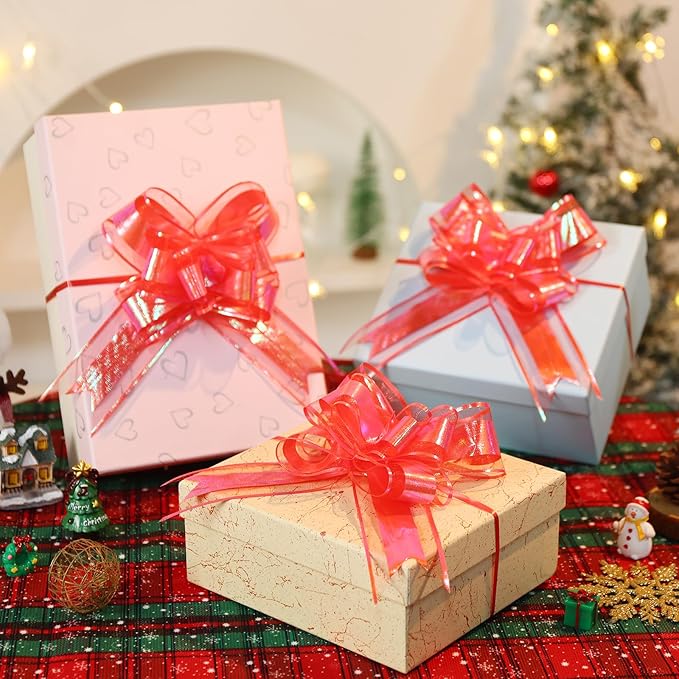 24PCS Classic Red Pull Bows for Gift Wrapping, 6" Large Pre-Tied Decorative Bows for Christmas, Wedding, Birthday, Party Decors, Reusable Instant Floral Decors for Gifts, Bouquets, Baskets