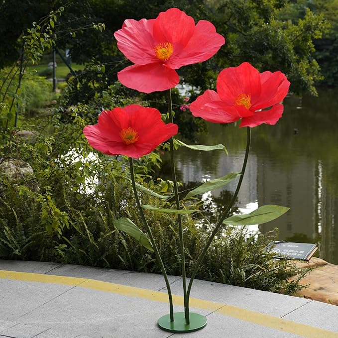 Large Paper Artificial Flowers,Giant Flowers for Decoration,Huge Handcrafted Poppy Fake Flowers with Stand for Home Decor Bridal Shower Party Outdoors Yard Event Backdrop Decor (red)