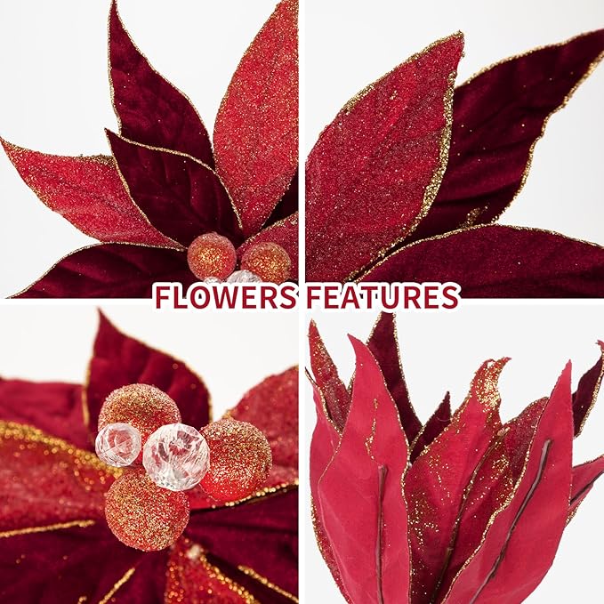 Hollyone 3PCS Poinsettia Christmas Flowers Artificial 11" Large Velvet Red Glitter Poinsettia Flowers Christmas Tree Ornaments Floral Picks for Tree Wreath Garland Vase Table Centerpiece Home Decor
