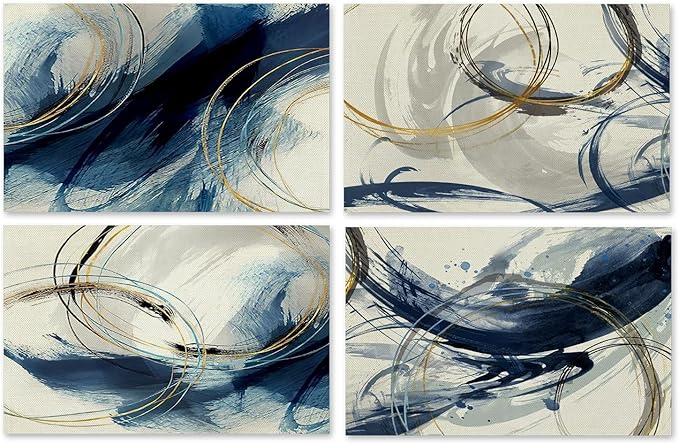 Navy Blue and White Placemats Set of 4, Modern Abstract Contemporary Placemats Table Mats Place Mats for Kitchen Dining Table Winter Holiday Party Decoration 16.9x11.4 Inch