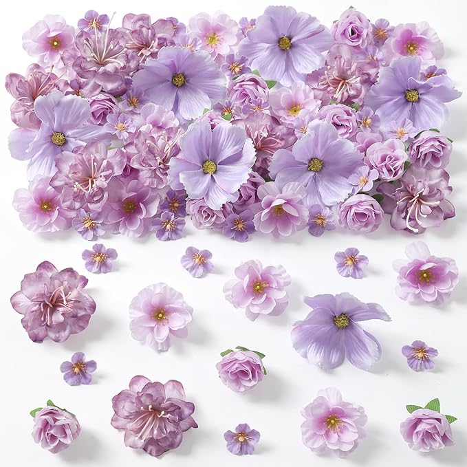 210Pcs Mini Fake Flower Heads Purple Small Silk Faux Flower Heads Artificial Rose Daisy Multicolor Flowers Bulk for Cake Crafts DIY Graduation Cap Wedding Hair Dresses Wreath Party Home Decor