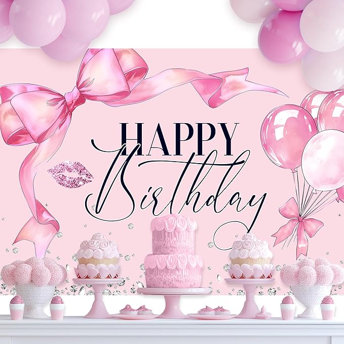 Pink Bow Happy Birthday Backdrop 7Wx5H Photography Bowknot Balloons Coquette Birthday Lips Diamond Balloons Background Woman Bachelorette Party Decorations Banner Photo Booth Props Supplies