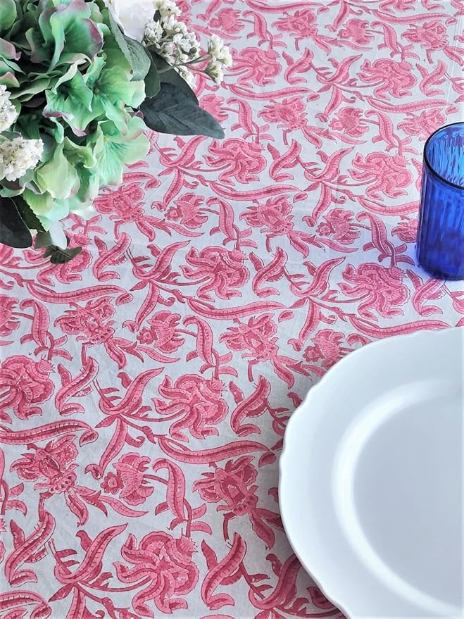 ATOSII Red Bloom 100% Cotton Tablecloth, Handblock Print Rectangle Table Cover for Kitchen Dining I Tabletop Linen I Parties, Wedding, Spring Summer Table Cloth 60 X 90 Inches