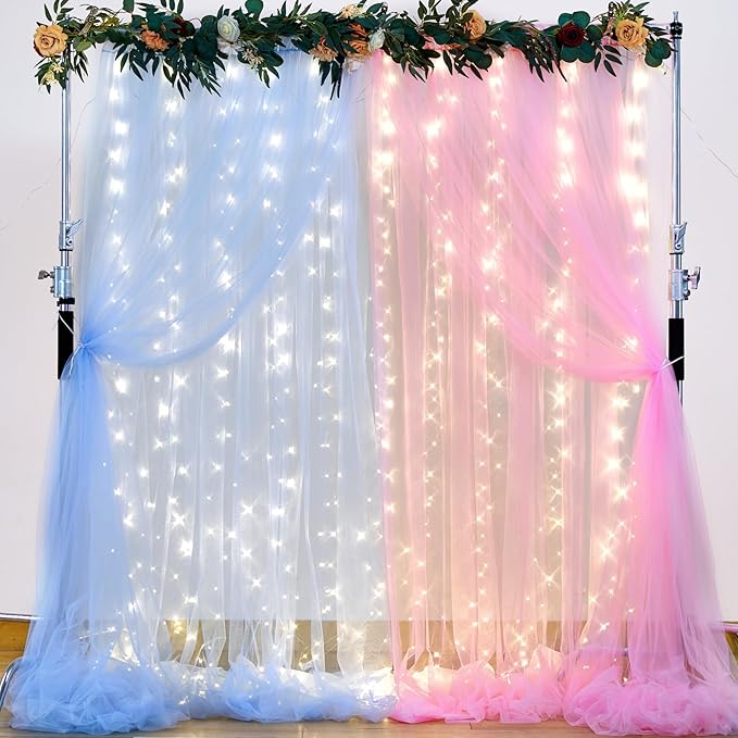 10ft x 10ft Pink Blue Tulle Photo Backdrop Curtain with Lights String for Gender Reveal Sheer Curtain Back Drop Baby Shower Backdrop for Boy or Girls Birthday Party Photo Booth Background Decorations