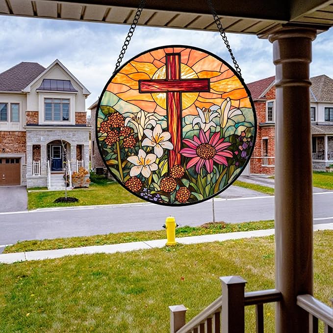 Christian Gifts for Women - Cross Stained Glass Window Hanging Easter Flower Sunset Landscape Sun Catcher Garden Religion Decor Mother's Day Catholic Gift for Men Grandma Mom Her Nana 7.8"