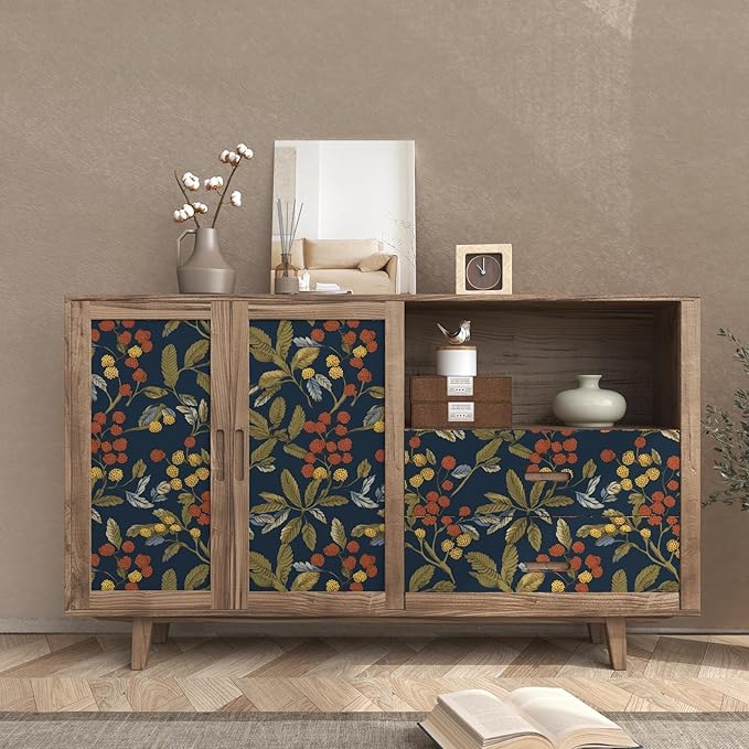 Navy Blue Floral Wallpaper Peel and Stick, Vintage Contact Paper 17.5" x 118", Dark Leaf Botanical Boho Wall Paper Self Adhesive Waterproof Removable for Room Shelve Cabinet Drawer Table Decor