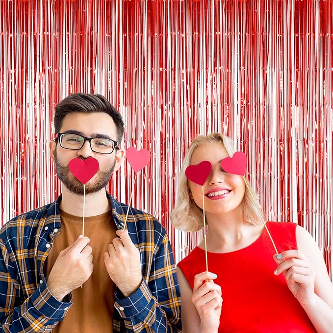 Foil Fringe Curtains Christmas Decorations - Melsan 3 Pack 3.2 x 8.2 ft Tinsel Curtain Party Photo Backdrop for Birthday Party Baby Shower or Graduation Decorations (Pure red)