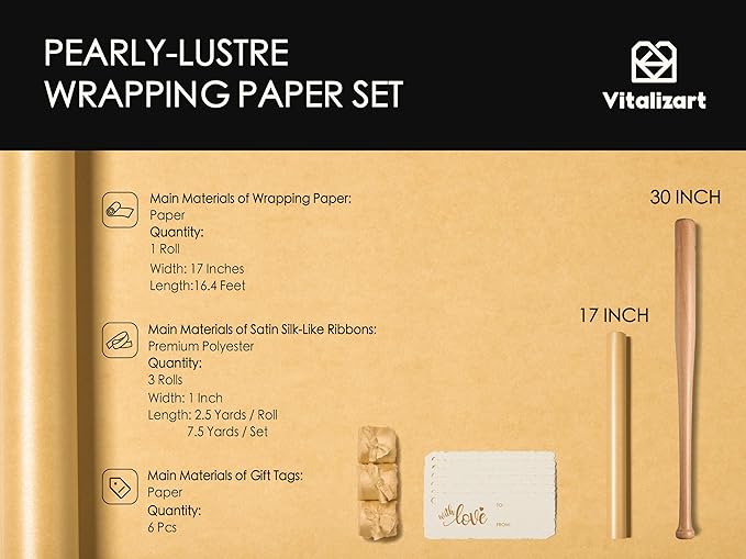 Vitalizart Gold Wrapping Paper Set 17" Pearly-Lustre With Silk Like Satin Ribbon & Gift Tags Recyclable Christmas Gift Wrapping Birthday Baby Shower Wedding Handmade Crafts 197"(16.4 Ft)
