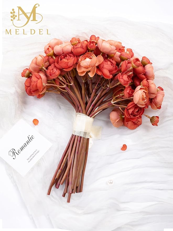 Meldel 32Pcs Ranunculus Artificial Flower, Burnt Orange Faux Ranunculus Flowers for DIY Bouquet, Rose Bulk Fake Peony Wedding Filler Flowers for Centerpieces Arrangements Bridal Shower Decorations