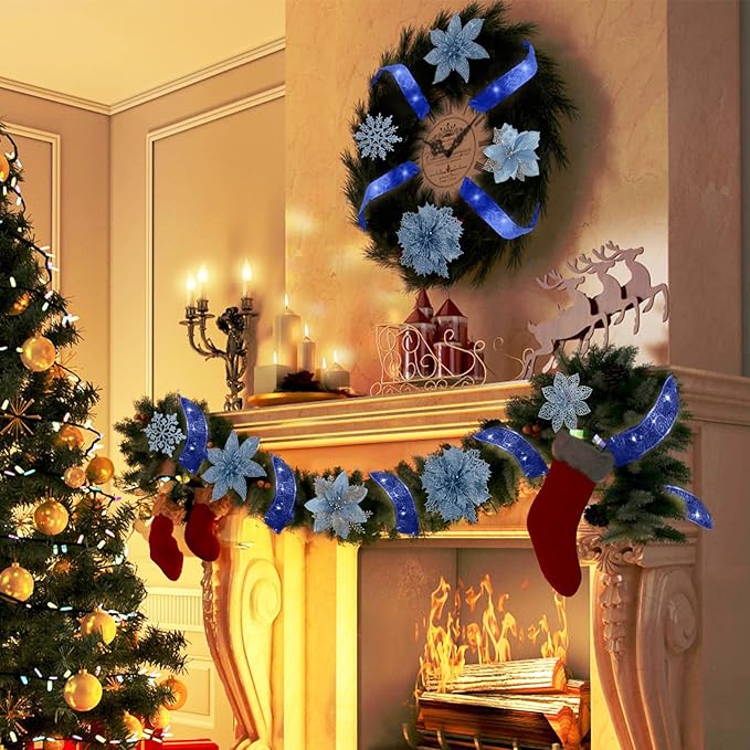 72Pcs Poinsettia Christmas Flowers with Ribbon - 9 Styles Glitter Artificial Poinsettia Christmas Ornaments for Wreath, Garland, Holiday Decor (Blue)