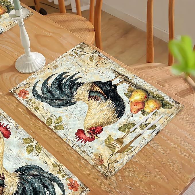 Farmhouse Rooster Placemats Set of 4, Rustic Chicken Place Mats, Pear Dining Table Mats, Washable Placemats for Kitchen Dining Room Home Decor 18L'' × 12W''