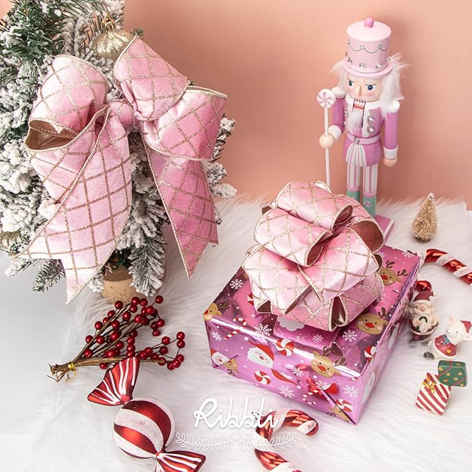 Ribbli Light Pink Velvet Ribbon Wired with Glitter Diamond Grid 2-1/2 Inch Christmas Ribbon for Christmas Tree Decoration Big Bow Gift Wrapping Crafts Wreaths Garland Supplies - 10 Yards
