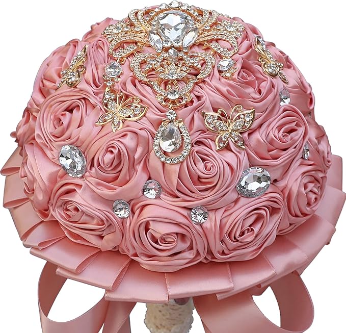 Artificial Everlasting Flower Hand Bouquet for Weddings and Photo Shoots, Crystal Peplum, Pink Rose Satin, Pearl Embellishments, Ribbon to Match, No Watering (Pink)