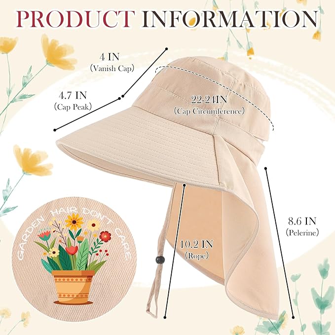 Garden Hats for Women Gardener Gifts Sun Protection Wide Brim Embroidered Hat with Neck Flap for Christmas Birthday