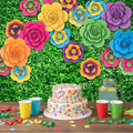 Frienda 36 Pcs DIY Paper Flower Decor Set with 83x59 Inch Custom Background Cloth and Rope, Artificial 3D Flower Wall Decor for Wall Bulletin Board Wedding Halloween Mexican Festive Party(Grass)