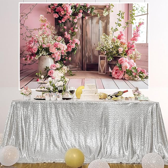 AOTOFO 8x6ft Rustic Wood Floral Backdrop for Baby Shower Newborn Studio Picture Photography Wooden Door Pink Flower Wall Background Wedding Bridal Shower Birthday Party Photoshoot Booth Banner