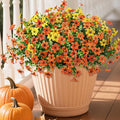 Artificial Mums Fake Fall Flowers for Outdoors Decoration, 12 Bundles Realistic Autumn Silk Daisy Faux Plants UV Resistant Decor for Home Garden Porch Patio Yard Balcony Window (Orange Yellow)