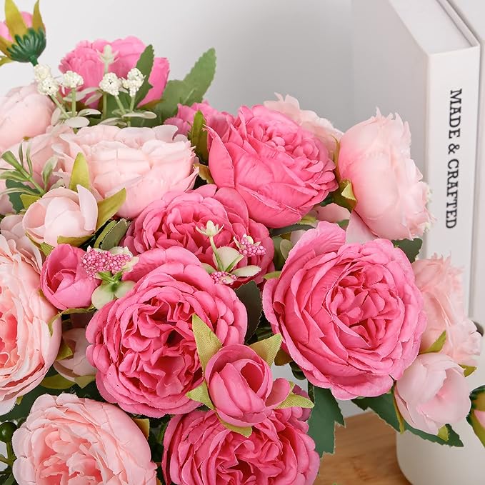 Artificial Peonies Silk Flowers, Pink Faux Peony Bouquet 4 Bundles Florals Arrangements Decor for Farmhouse Home Boho Wedding Table Centerpiece, Fake Plastic Flower Bulk for Vase Decoration (Mix Pink)