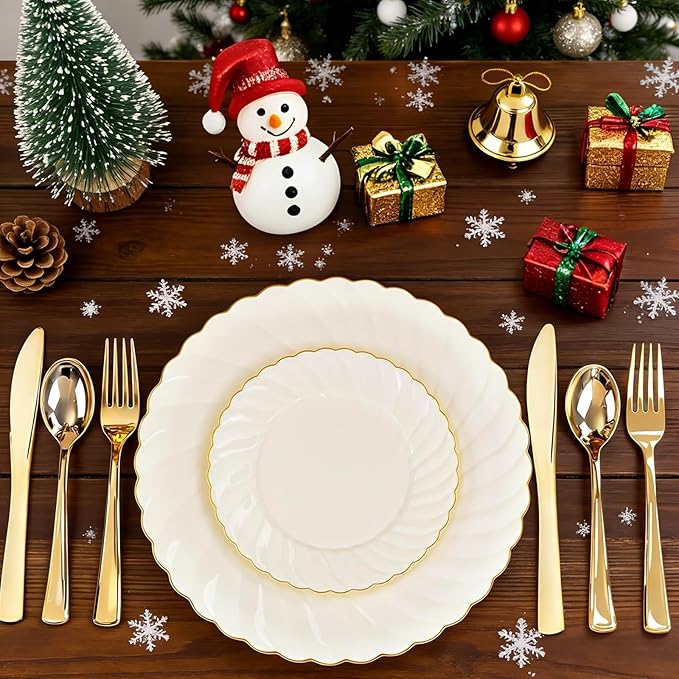 YOUBET 125PCS Scalloped Plastic Plates - Ivory Scalloped Disposable Plates - Gold Plastic Dinnerware Set Include 50 Plates, 75 Gold Silverware for Party & Wedding & Christmas