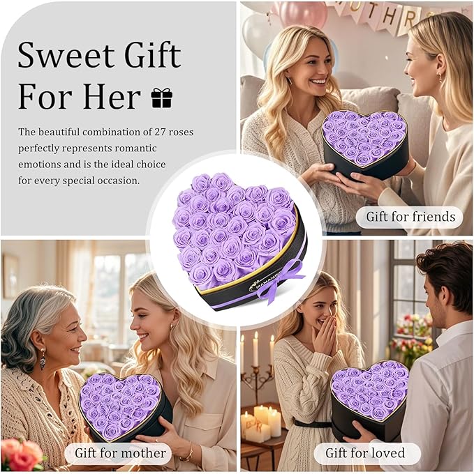 27 Preserved Roses in Heart Shape Gift Box for Her - Forever Flowers for Delivery, Eternal Rose Mothers Gifts for Mom, Wife Anniversary Birthday Gifts for Women, Purple